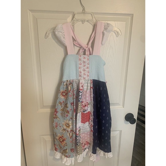 Girls Handmade Twirl Knit Dress Multi Fabric Size 8 Dress Tie Back Cap Sleeves - Picture 2 of 9